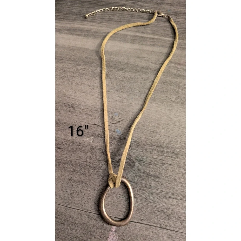 Boho Tan Faux Suede Cord Necklace Hammered Silver Tone Organic Ring Pendant 16